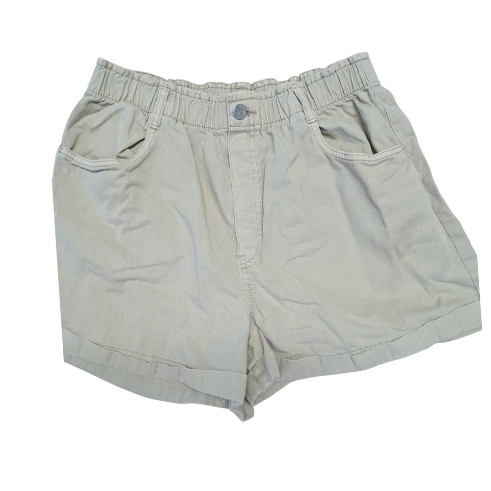 HM Womens Khaki Beige Elastic Waist Cotton Twill Cuffed Shorts Size L Large